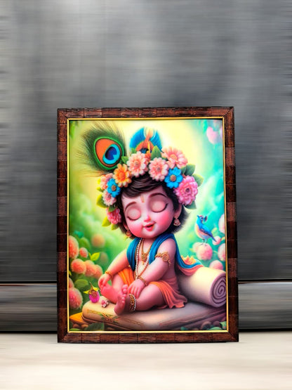 3D Blissful Krishna: Peaceful Baby with Peacock Feather