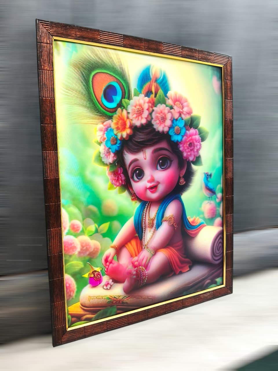 3D Blissful Krishna: Peaceful Baby with Peacock Feather