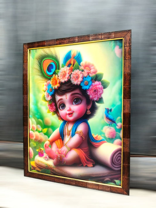 3D Blissful Krishna: Peaceful Baby with Peacock Feather