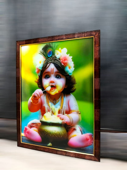 Baby Krishna Eating Makkhan 12x16 inches | 3D Lenticular Painting