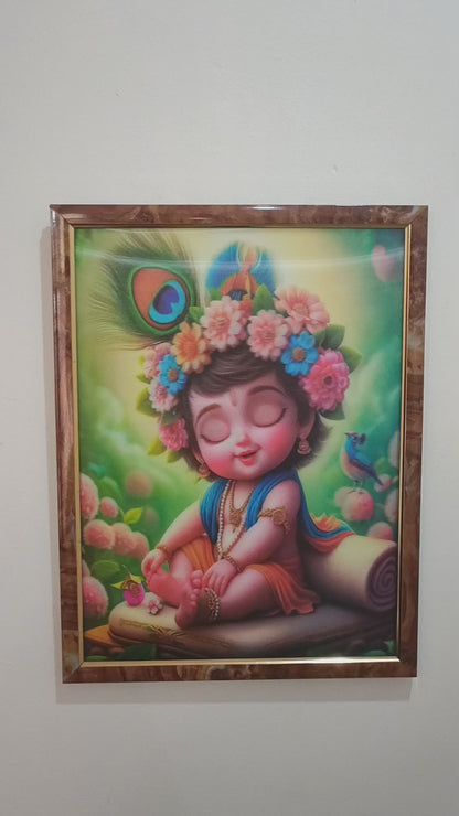 3D Blissful Krishna: Peaceful Baby with Peacock Feather